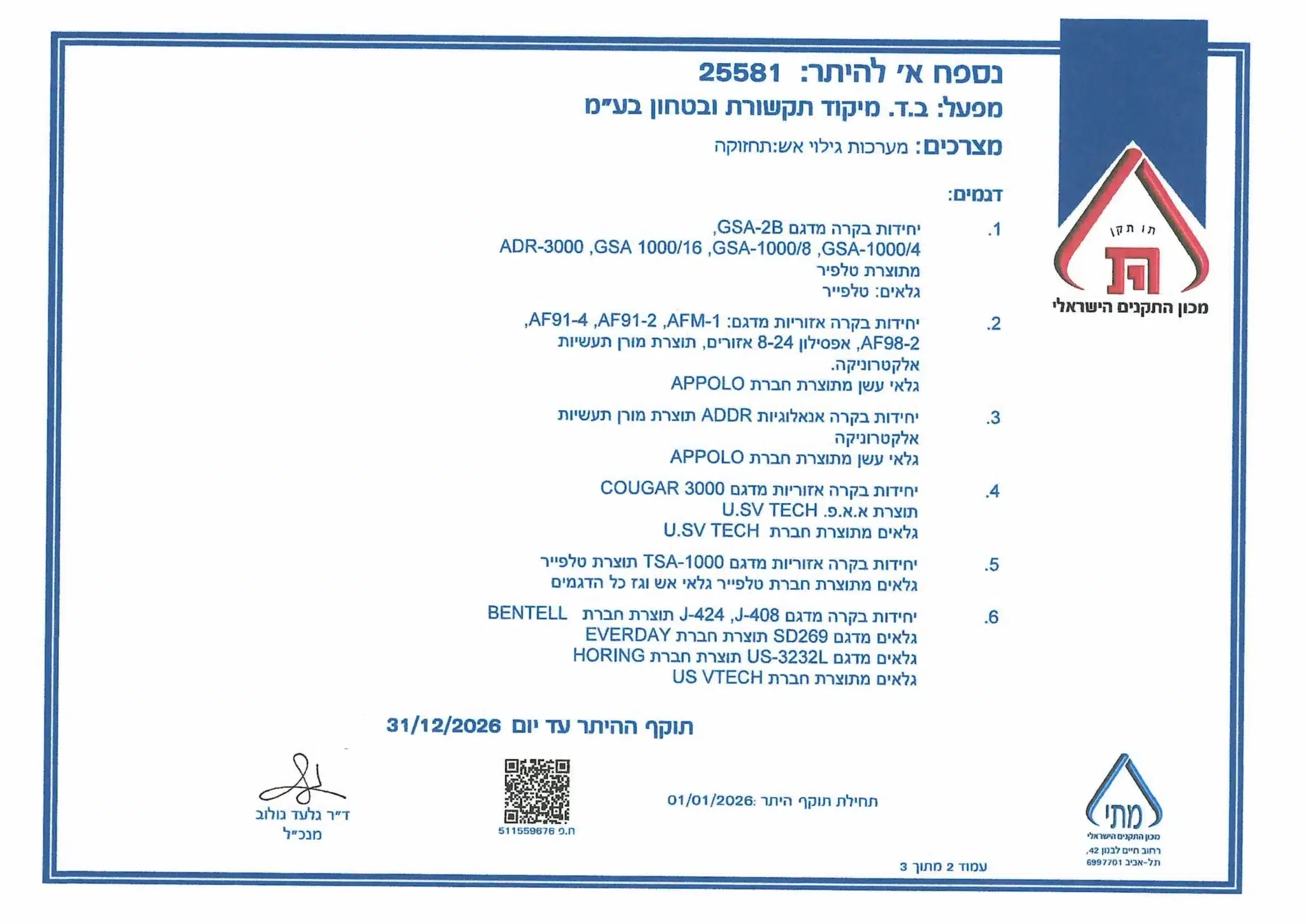 תעודות והיתרים - מיקוד תקשורת ובטחון - 25581, 2